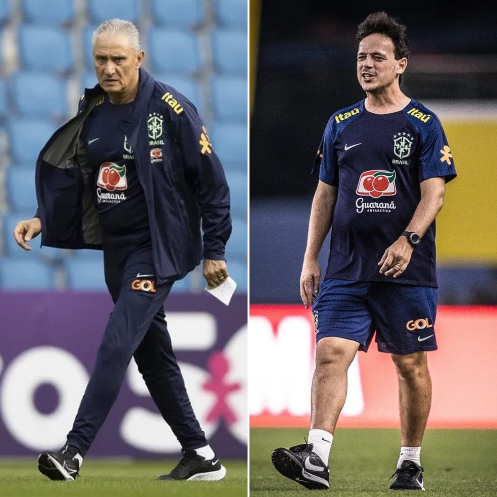 Tite e Diniz na Seleção — Foto: Lucas Figueiredo (CBF) e Pedro Martins (Foto FC)