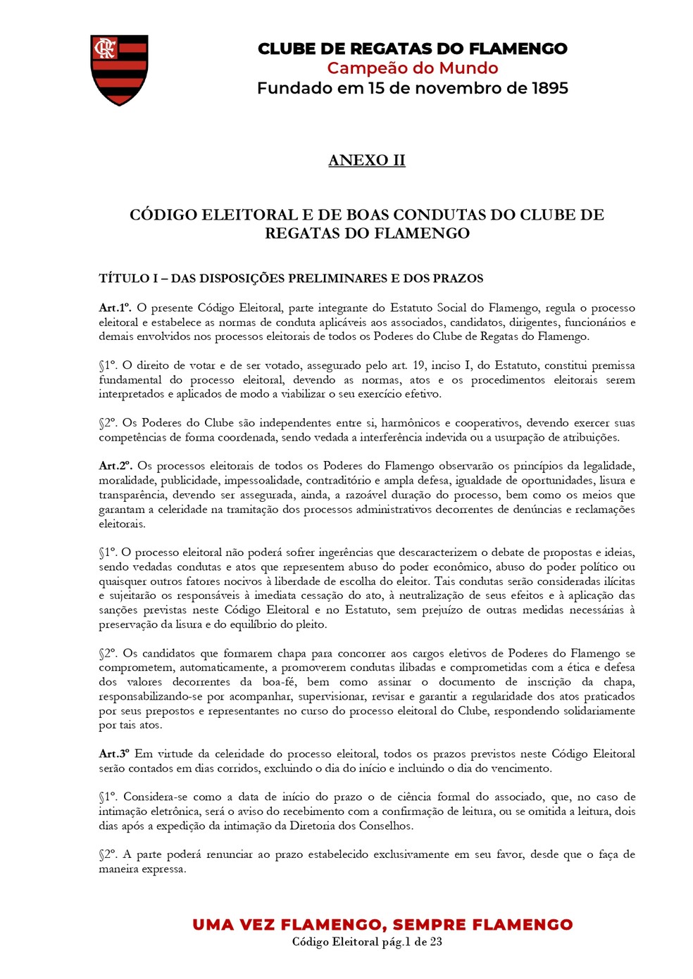 Primeira p�gina do C�digo Eleitoral do Flamengo � Foto: Reprodu��o