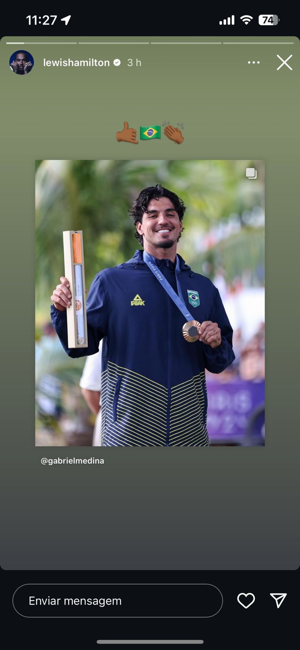 Lewis Hamilton parabeniza Gabriel Medina pelo bronze nas Olimpíadas 2024 — Foto: Reprodução/Redes Sociais