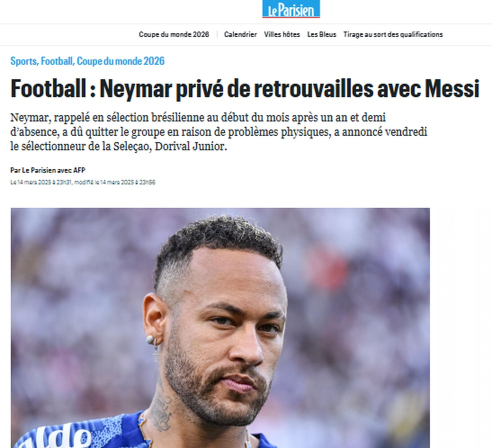 Site do jornal francês "Le Parisien" destaca corte de Neymar na seleção brasileira — Foto: Reprodução