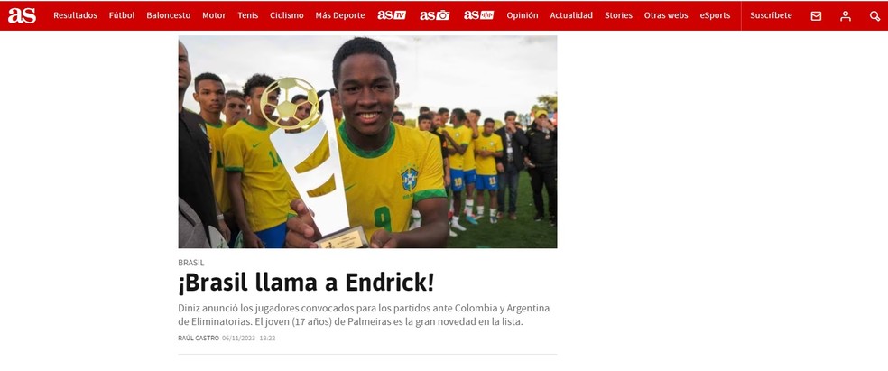 Imprensa espanhola repercute a convocação de Endrick, do Palmeiras — Foto: Reprodução
