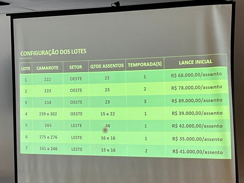 Posição dos camarotes e preço por assento: cálculo final é feito em cima da quantidade de assentos e período de um a três anos por camarote — Foto: Raphael Zarko