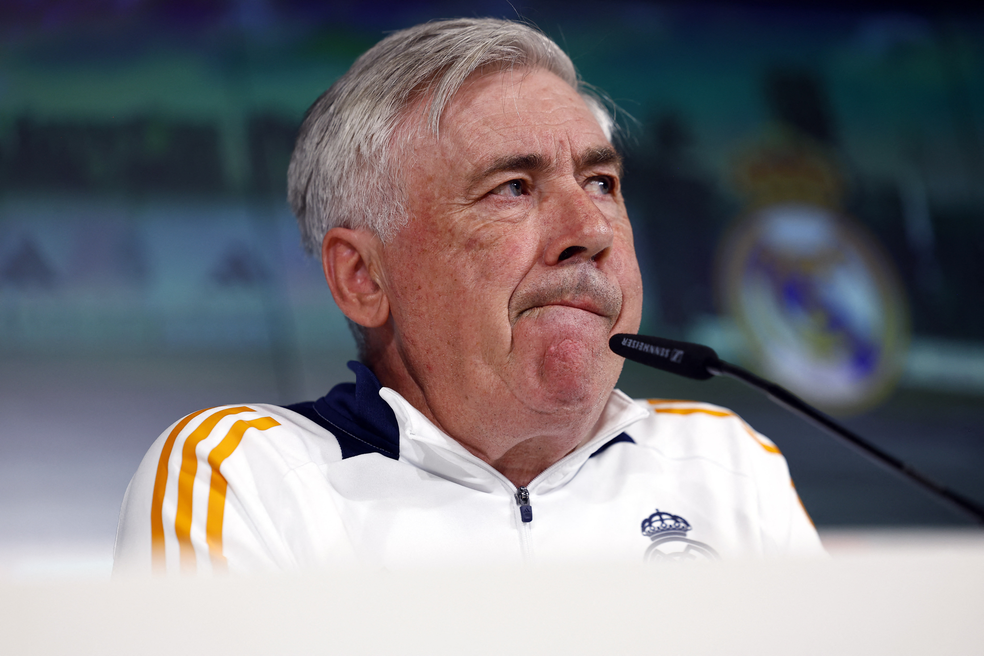 Carlo Ancelotti em entrevista coletiva no Real Madrid — Foto: Reuters