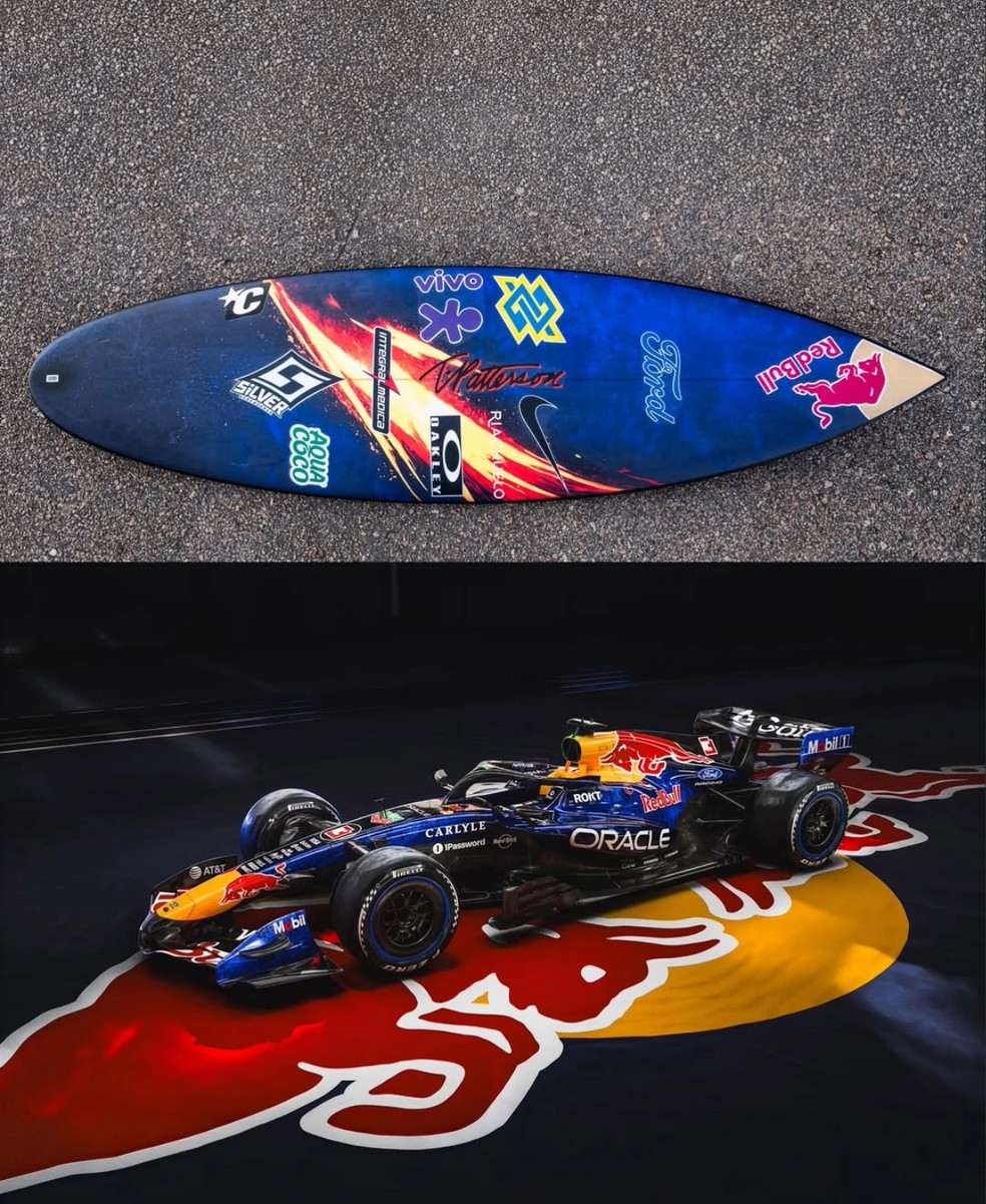 Ítalo Ferreira apresenta nova prancha inspirada em carro da RBR — Foto: Divulgação