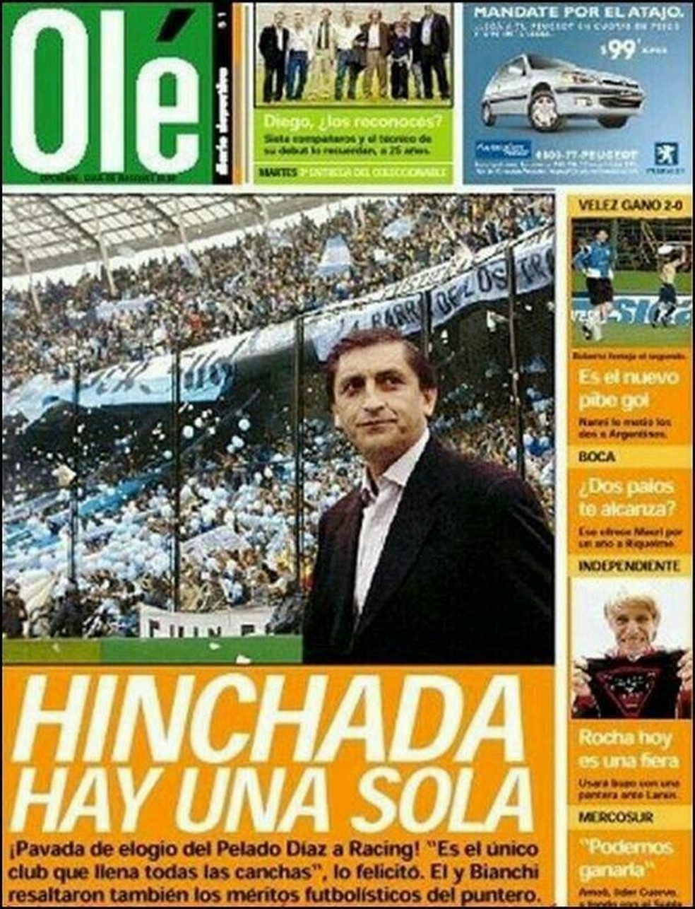 Capa do jornal argentino Olé com elogio de Ramón Díaz à torcida do Racing — Foto: Reprodução