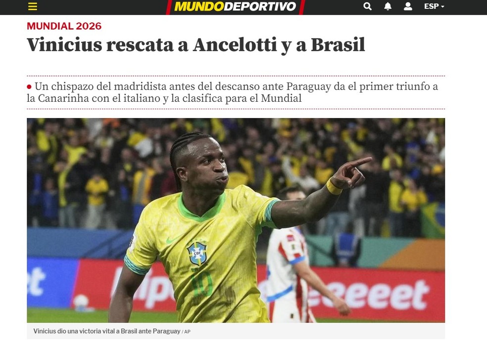 Mundo Deportivo analisa atuação de Vini.Jr — Foto: Reprodução/Mundo Deportivo