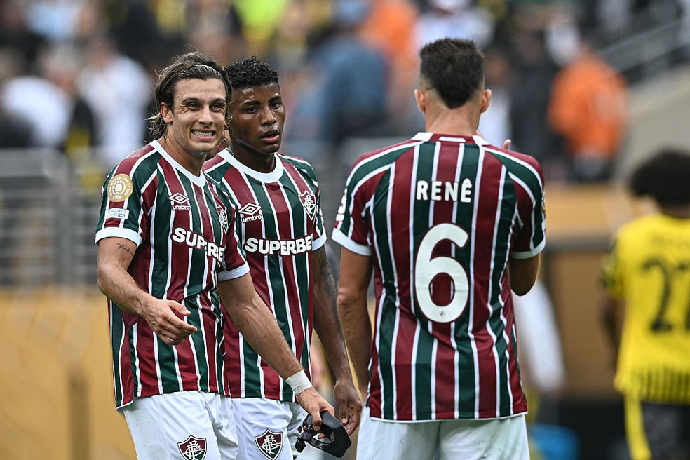 Canobbio, Hércules e Renê em empate do Fluminense com o Borussia Dortmund — Foto: Stephen Nadler/ISI Photos/ISI Photos via Getty Images