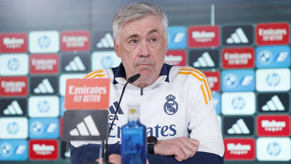 Carlo Ancelotti durante entrevista coletiva antes do jogo do Real Madrid  — Foto: Pedro Castillo / Real Madrid