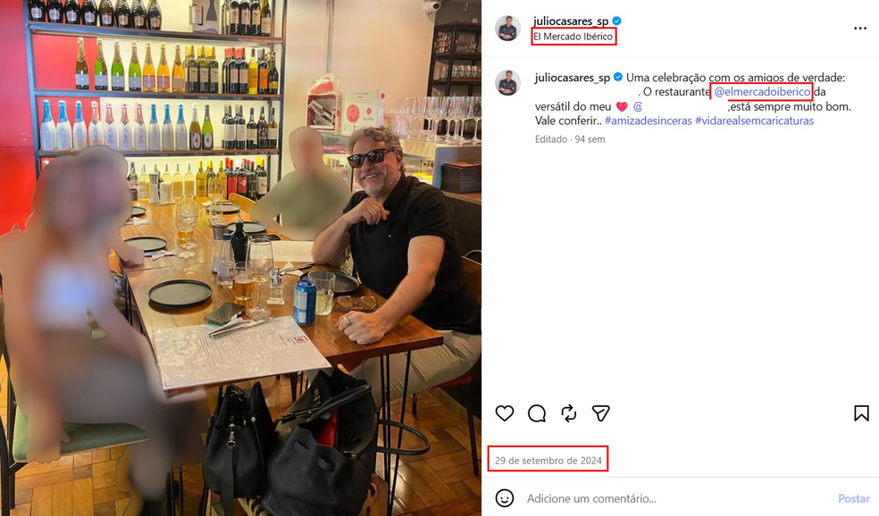 Julio Casares e amigos no restaurante da namorada — Foto: Reprodução / Instagram