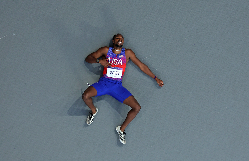 Noah Lyles, dos Estados Unidos, é ouro nos 100m rasos em Paris — Foto: Richard Heathcote/Getty Images