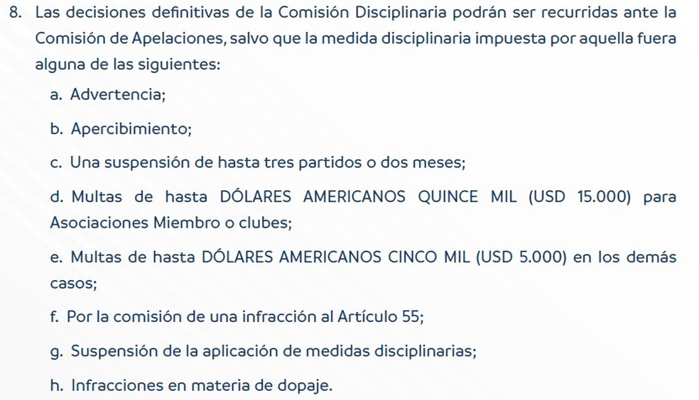 Artigo 64 do Código Disciplinar da Conmebol, sobre recursos — Foto: Reprodução