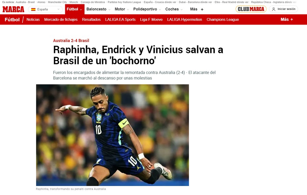 Jornal Marca sobre atuação de trio brasileiro em amistoso: "Salvam o Brasil de um vergonha" — Foto: Reprodução