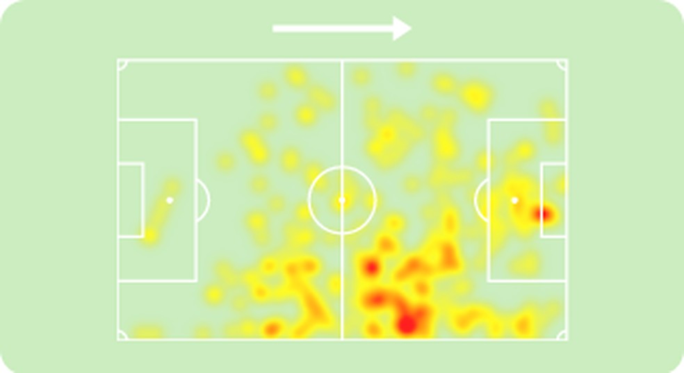 Mapa de calor de Júnior Todinho em 10 jogos pelo ABC — Foto: Reprodução / Sofascore