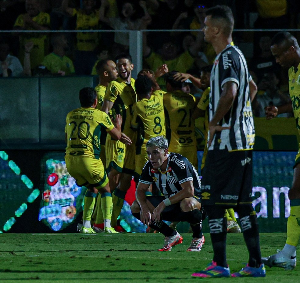 Jogadores do Mirassol comemoram gol diante do Santos — Foto: JP Pinheiro/Agência Mirassol