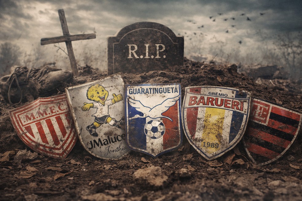 Mogi Mirim, JMalucelli, Guaratinguetá, Grêmio Barueri e Oeste são exemplos de clubes que estão inativos ou deixaram de existir — Foto: Reprodução/ChatGPT