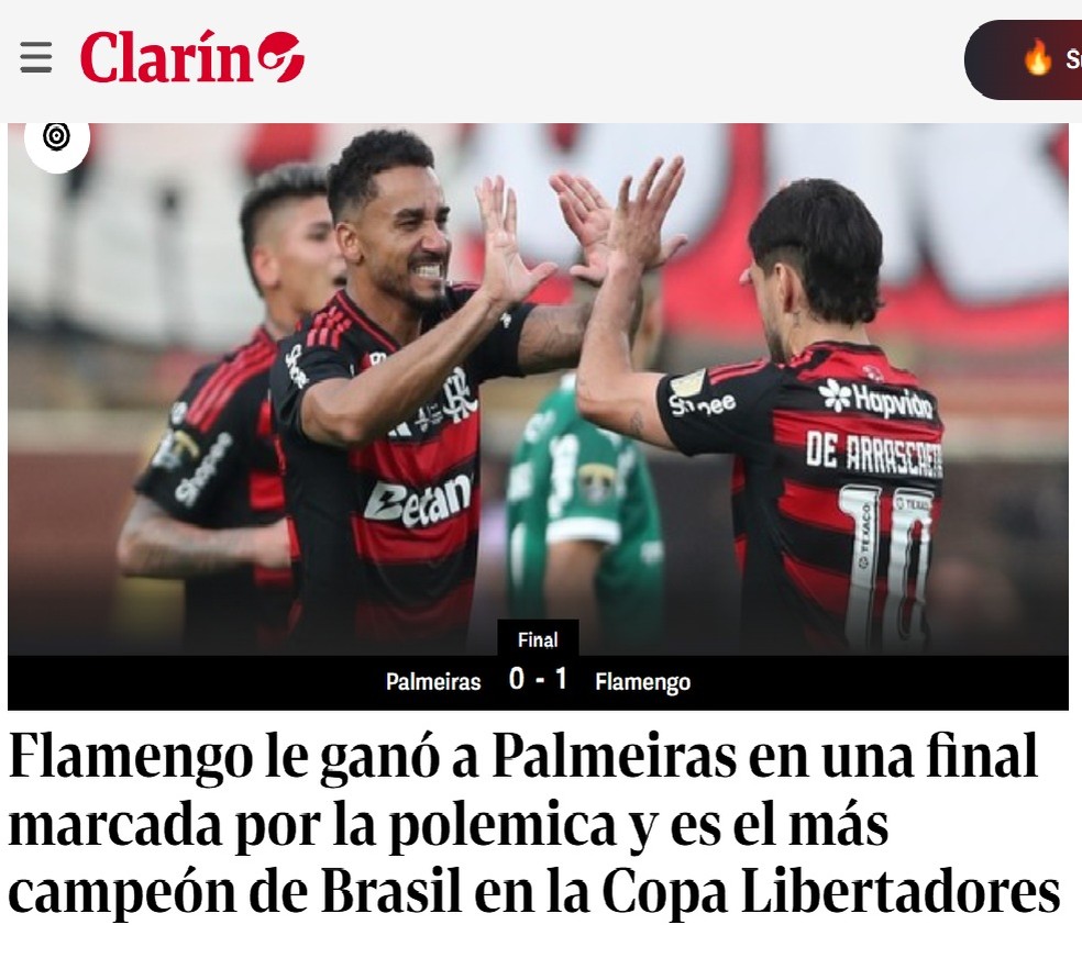 Imprensa estrangeira repercute título da Libertadores do Flamengo — Foto: Reprodução