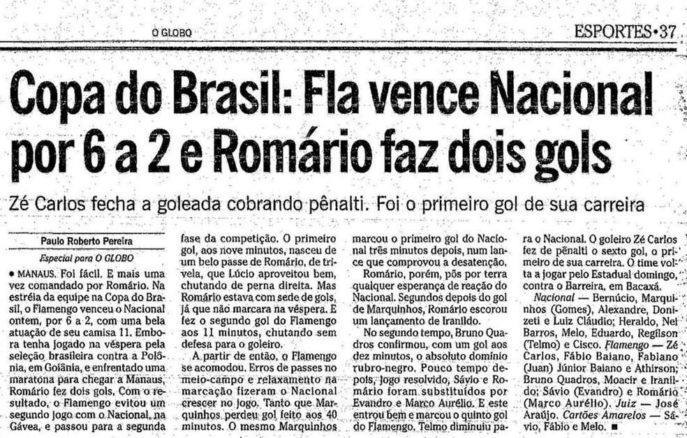 Zé Carlos fechou o placar para o Flamengo no Vivaldão, estádio que foi demolido para construção da Arena da Amazônia — Foto: Acervo O Globo
