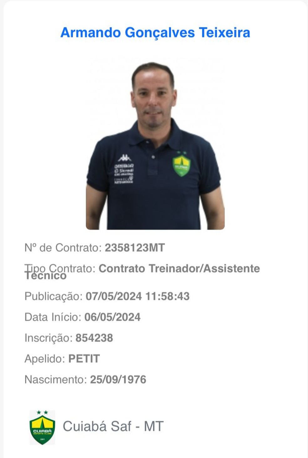 Petit é registrado no BID e pode estrear pelo Cuiabá — Foto: Divulgaçã/CBF