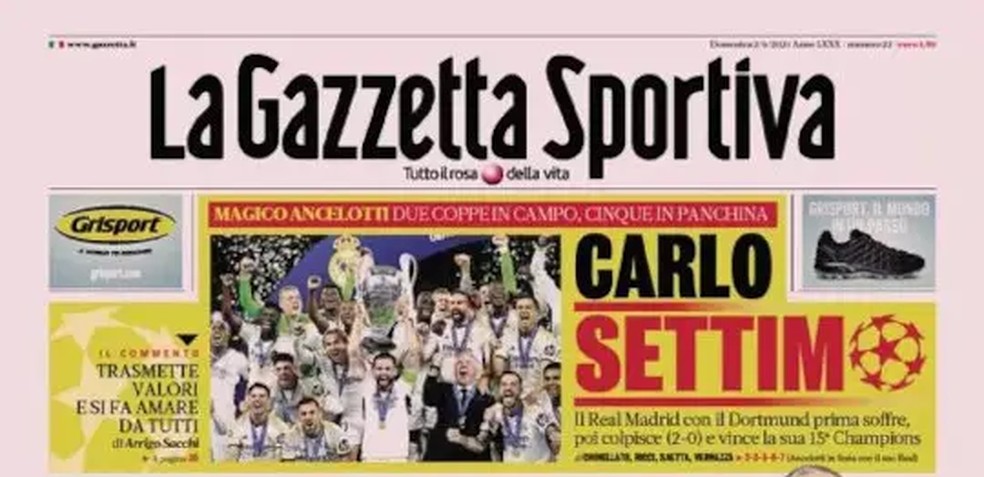 Capa da Gazzetta dello Sport do título do Real Madrid — Foto: Reprodução/Gazzetta