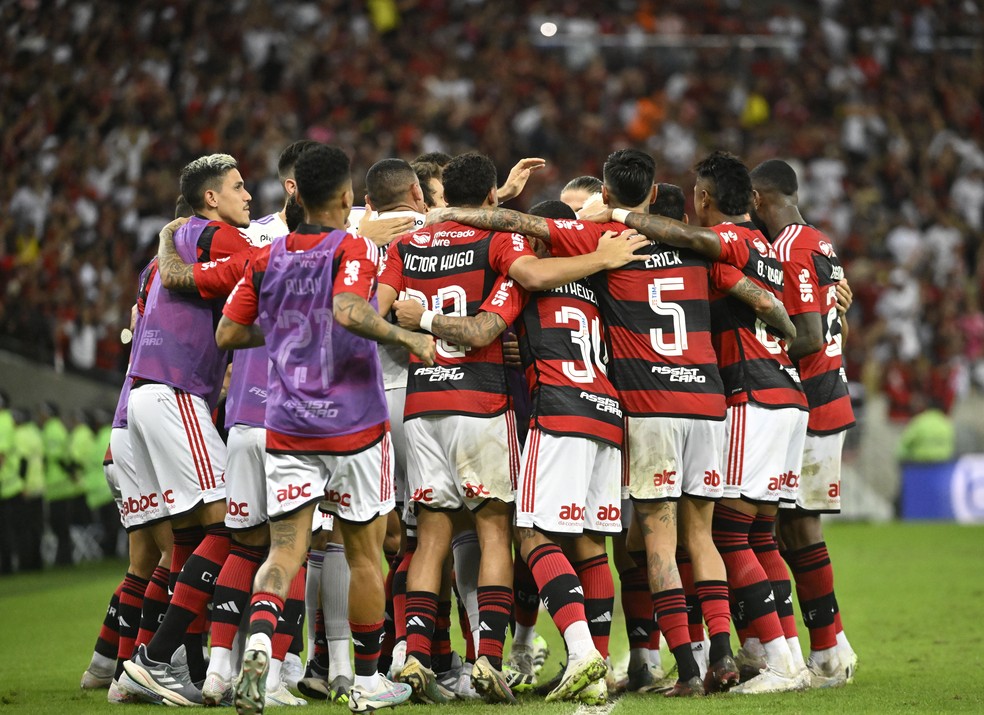 Jogadores do Flamengo comemoram com Sampaoli gol de Arrascaeta contra o Grêmio — Foto: André Durão / ge