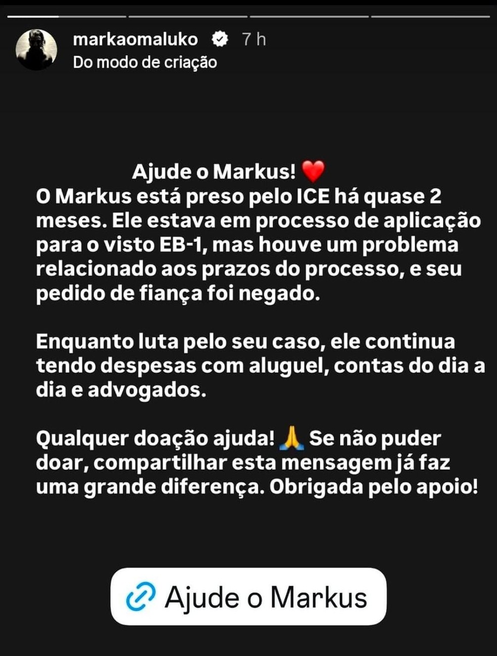 Markus Maluko está preso pelo ICE desde o mês passado — Foto: Reprodução/Instagram