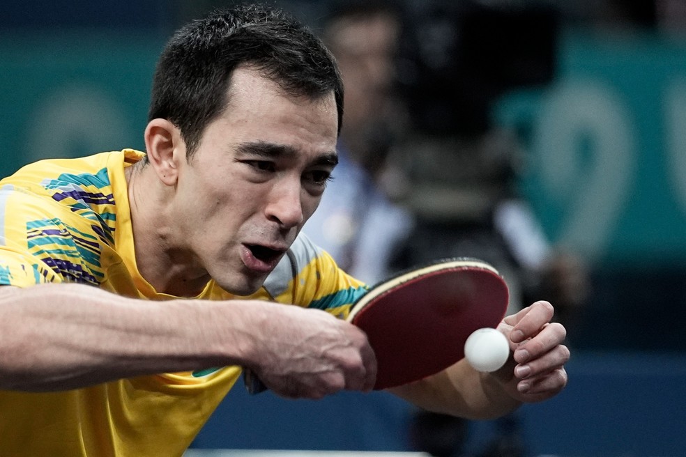 Hugo Calderano durante a disputa pelo bronze nas Olimpíadas de Paris — Foto: Alexandre Loureiro/COB