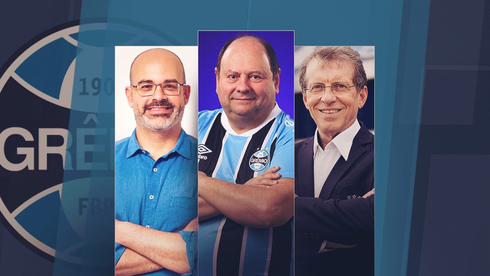 Paulo Caleffi, Jorge Bastos e Odorico Roman, candidatos à presidência do Grêmio — Foto: ge