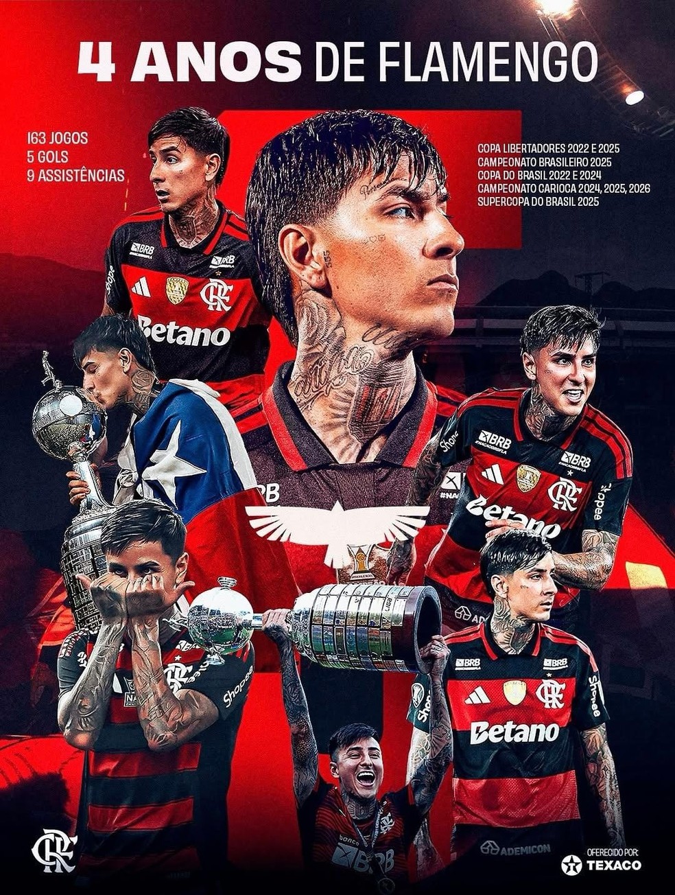 Flamengo parabeniza Pulgar pelo anivers�rio de quatro anos no clube � Foto: Divulga��o / Flamengo