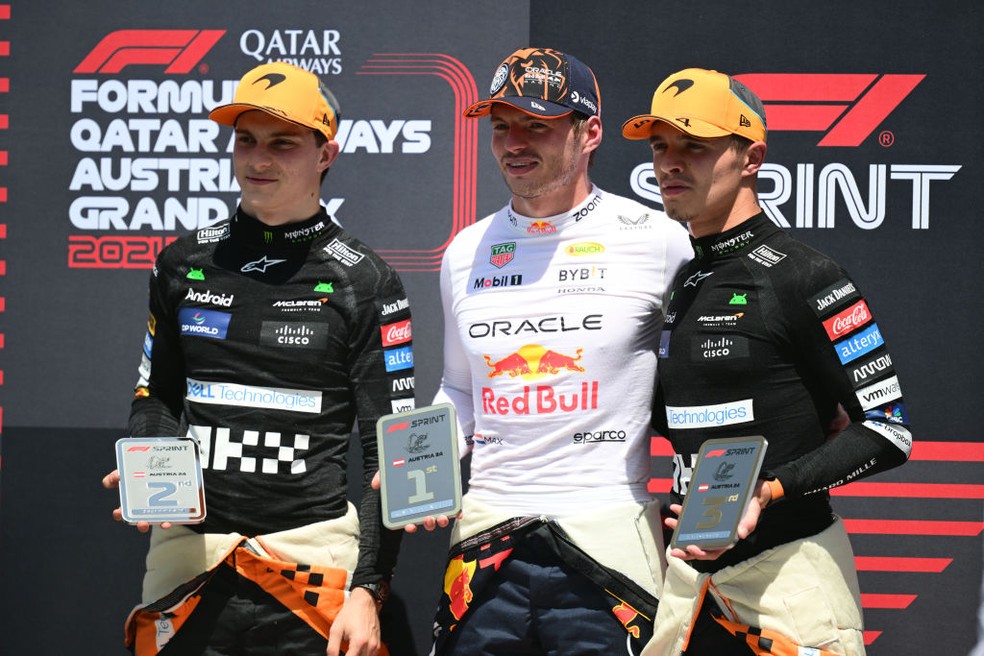 Top 3 da corrida sprint do GP da Áustria de F1 em 2024, vencida por Max Verstappen — Foto: Andrea Diodato/NurPhoto via Getty Images