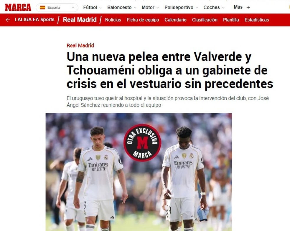 Valverde é levado para hospital após briga com Tchouaméni em treino do Real Madrid, diz Marca — Foto: Reprodução Marca