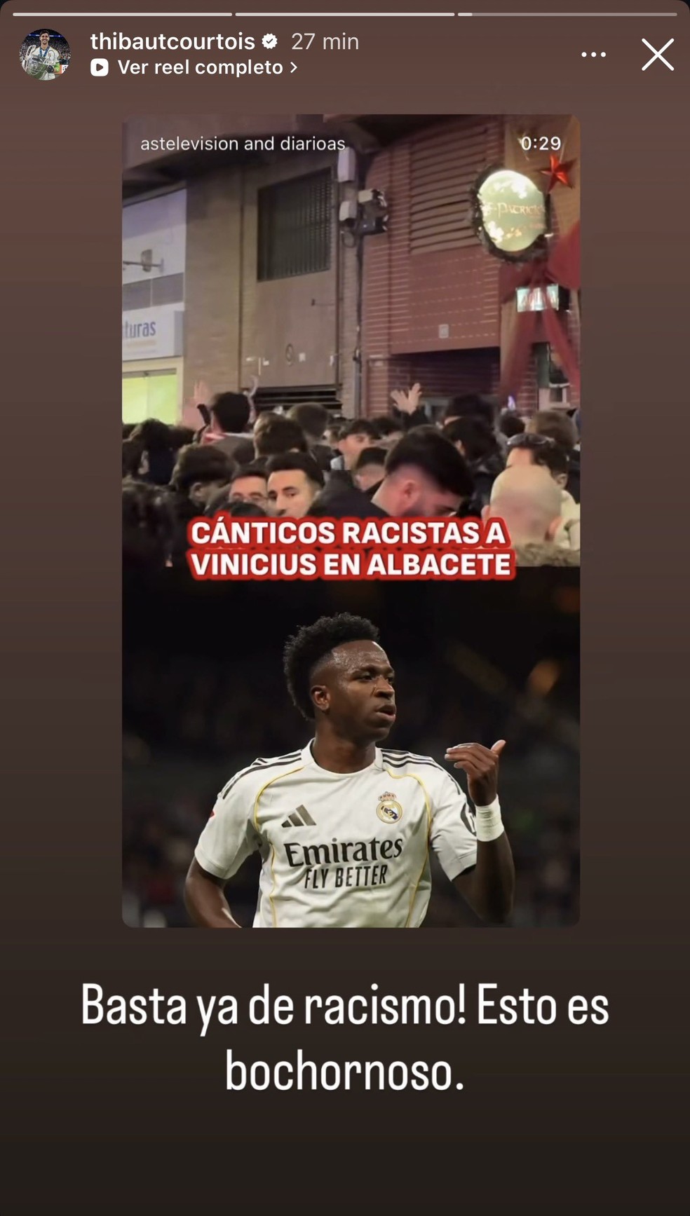 Courtois repreende gritos racistas contra Vini Jr - Reprodução/Instagram