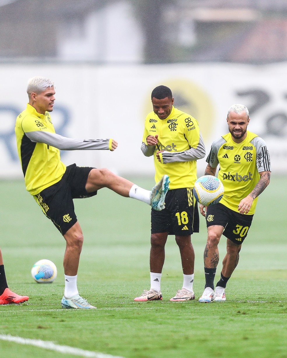 Ao lado de De la Cruz e Michael, Ayrton Lucas será titular contra o Bahia — Foto: Gilvan de Souza/Flamengo