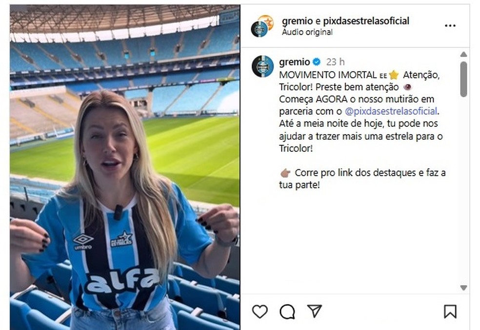 Ação entre Grêmio e Pix das Estrelas gera polêmica nas redes sociais — Foto: Instagram / Reprodução