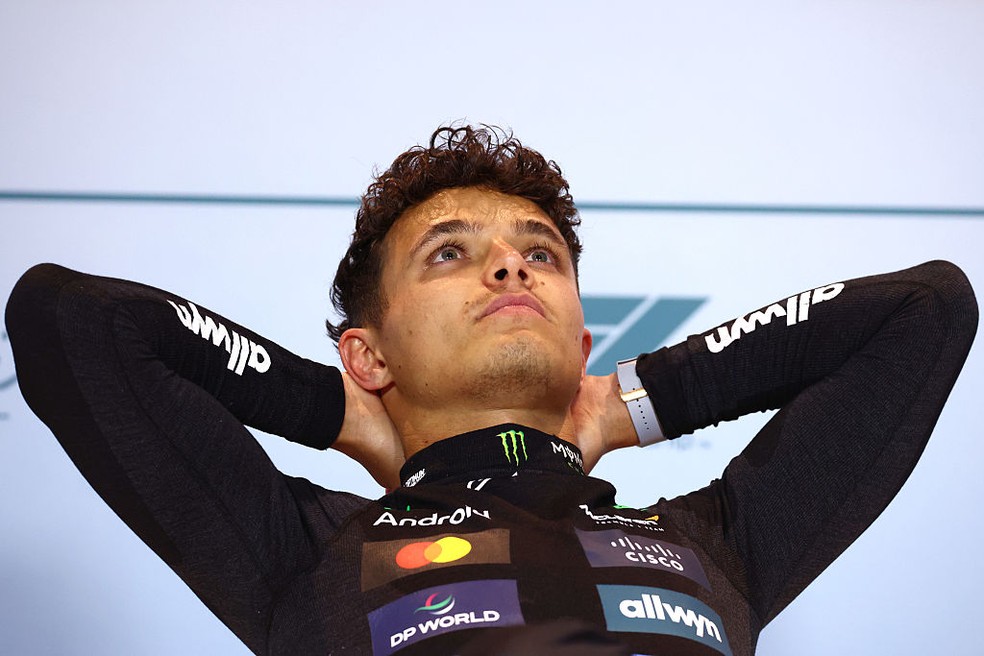 Lando Norris na coletiva do GP de Miami da F1 2025, após segundo lugar na prova — Foto: Clive Rose/Getty Images