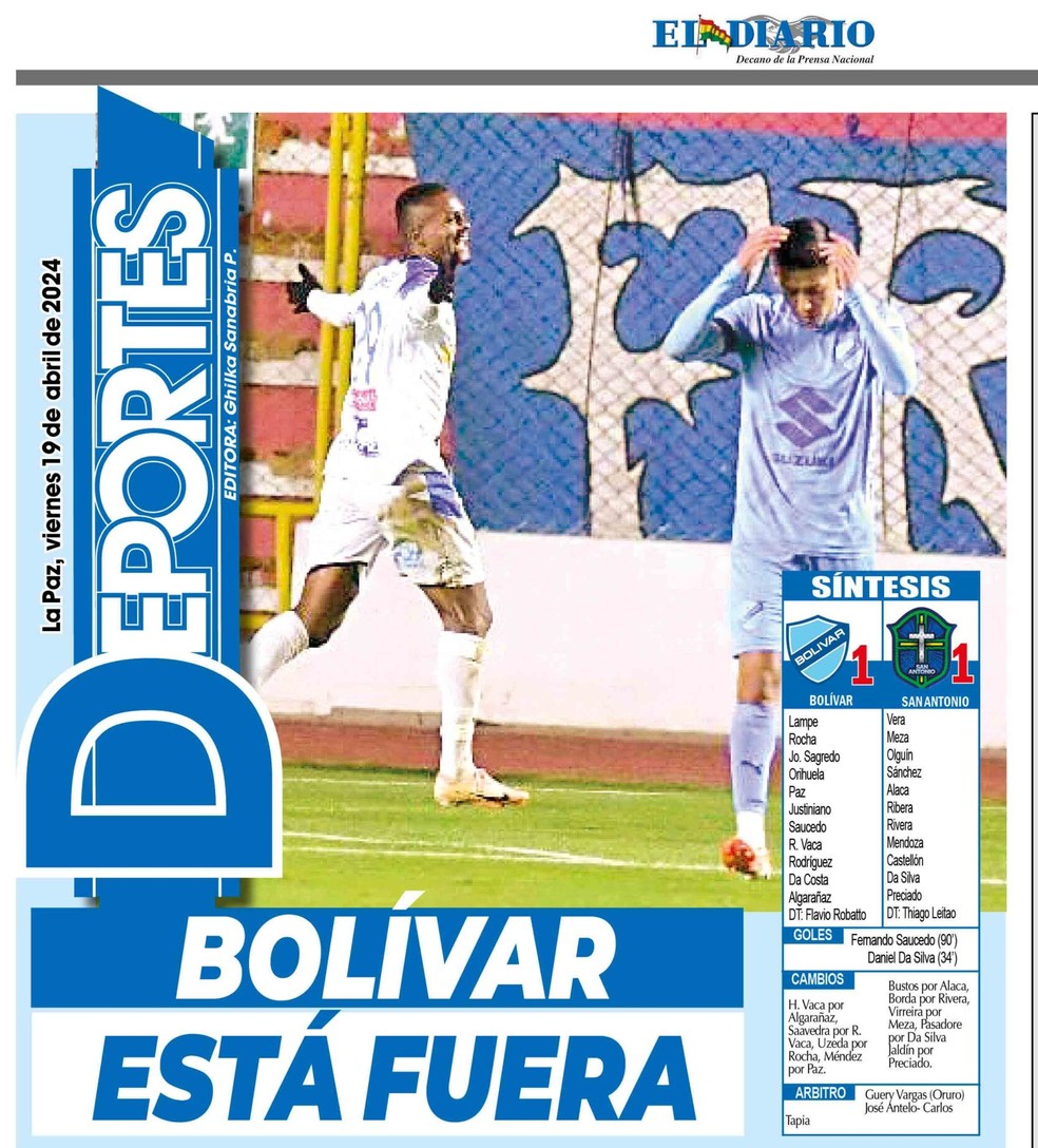 Bolívar eliminado antes de enfrentar o Flamengo — Foto: Reprodução / El Diario
