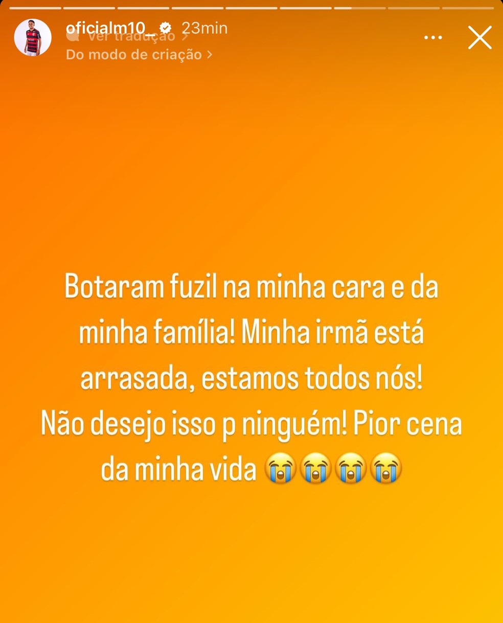 Matheus Gonçalves, do Flamengo, teve o carro roubado em 2024 no Rio — Foto: Reprodução / Instagram