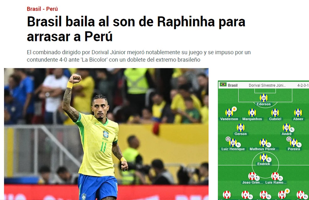 Jornal "Marca" repercute vitória do Brasil sobre o Peru — Foto: Reprodução