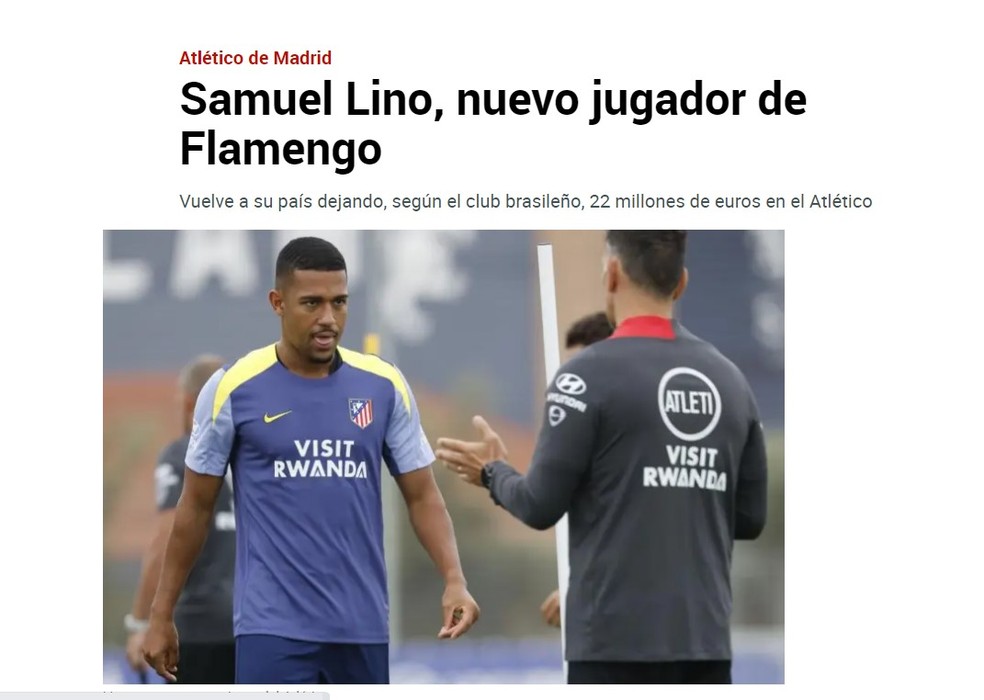 Diário Marca destaca venda de Samuel Lino para o Flamengo — Foto: Reprodução/Marca