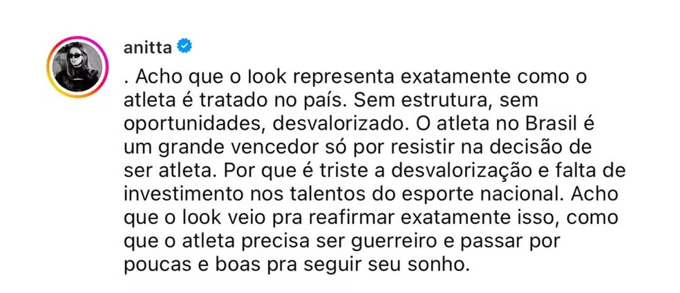 Anitta critica o uniforme do Time Brasil nas Olimpíadas de Paris 2024 — Foto: Reprodução