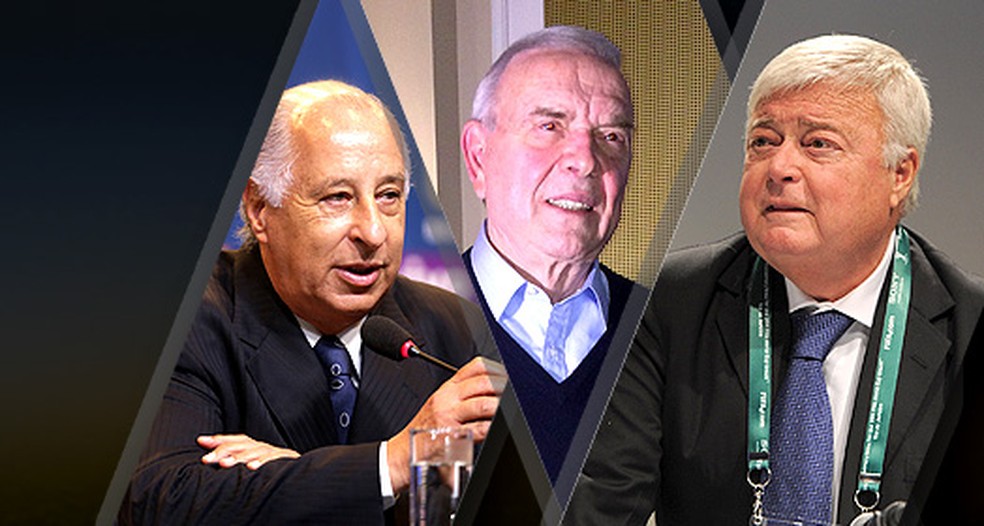 Marco Polo Del Nero, José Maria Marín e Ricardo Teixeira, ex-presidentes da CBF no Fifagate — Foto: Editoria de arte