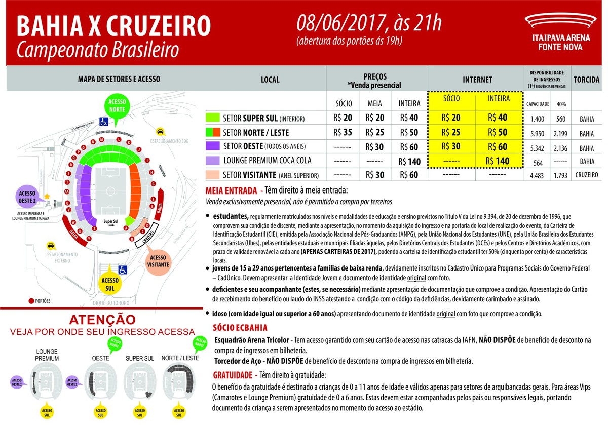 Bahia x Cruzeiro: ingressos para a partida desta quinta estão à venda ...
