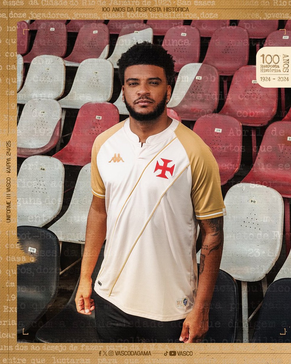 Nova terceira camisa do Vasco em homenagem aos 100 anos da Resposta Histórica — Foto: Divulgação / CRVG