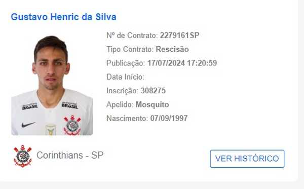 FIM DA LINHA! Corinthians rescinde contrato com Gustavo Mosquito após liminar favorável do jogador