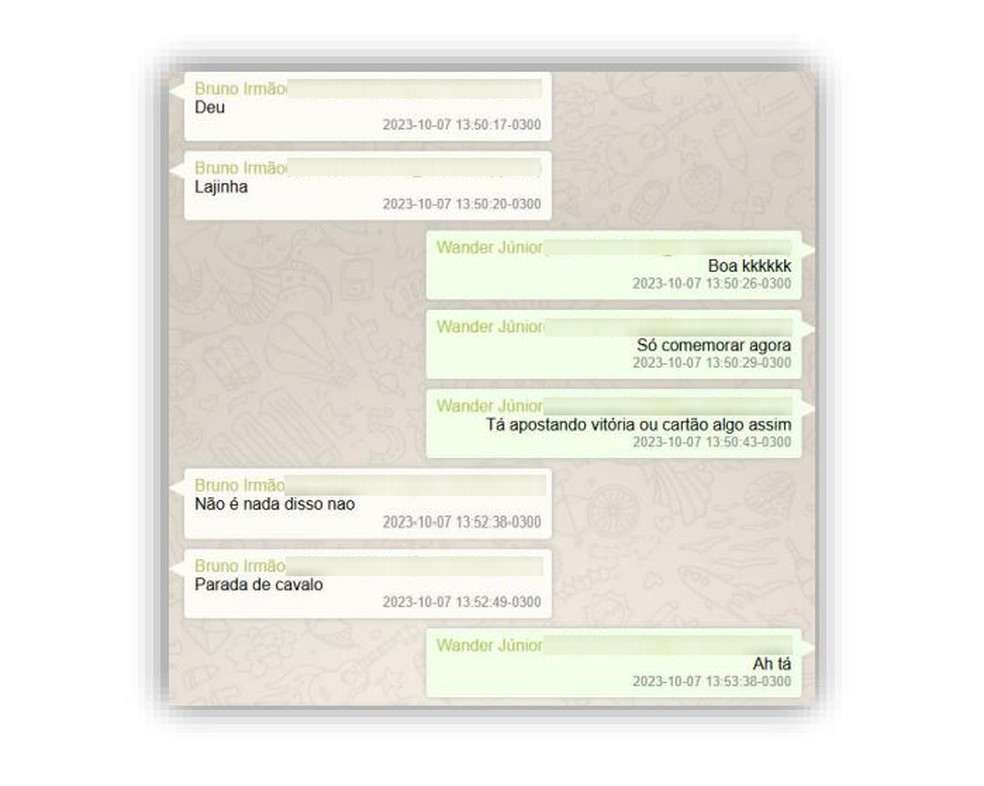 Print de conversa de Bruno Henrique, do Flamengo, no relatório da Polícia Federal — Foto: Reprodução