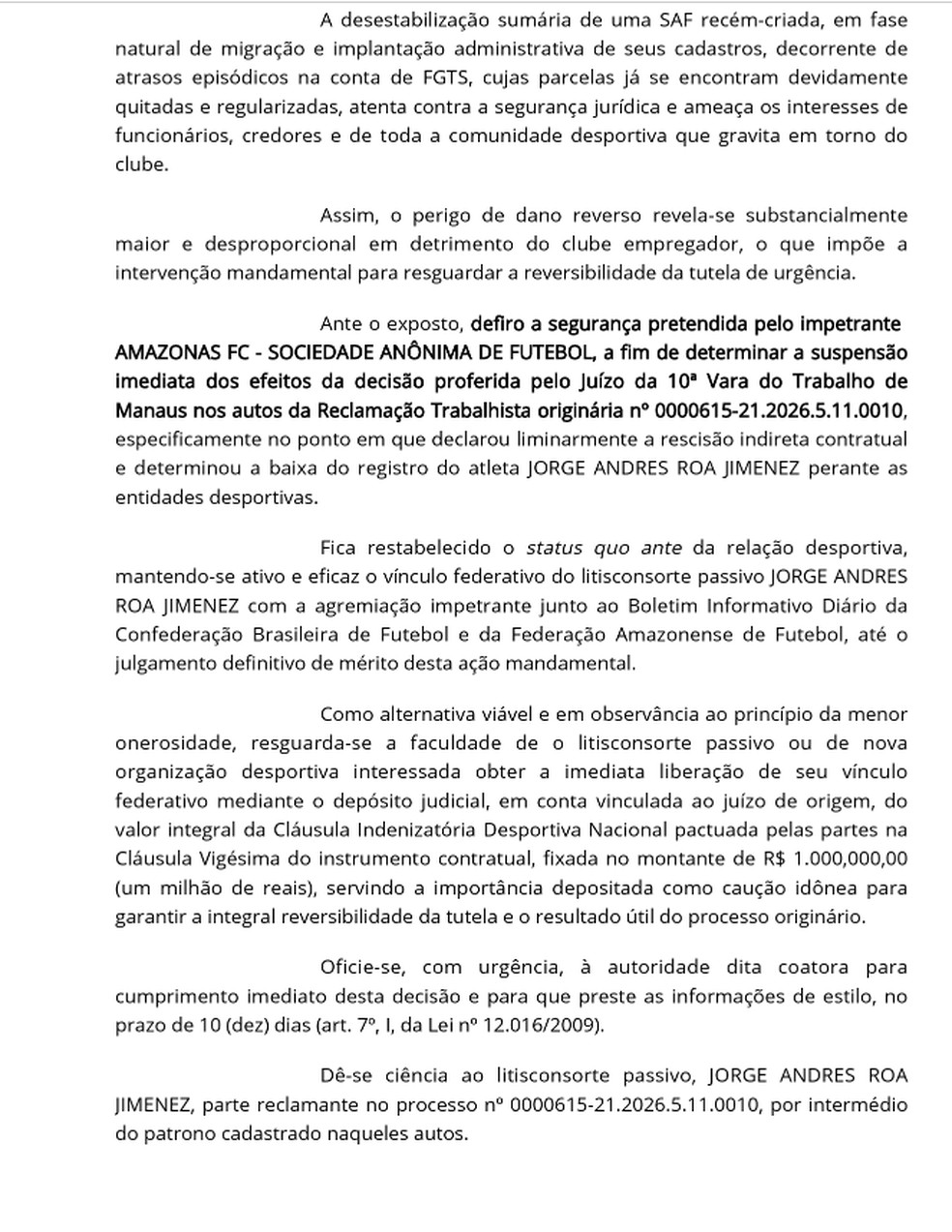 Amazonas vence na Justi&ccedil;a e consegue suspender rescis&atilde;o de Jim&eacute;nez &mdash; Foto: Divulga&ccedil;&atilde;o
