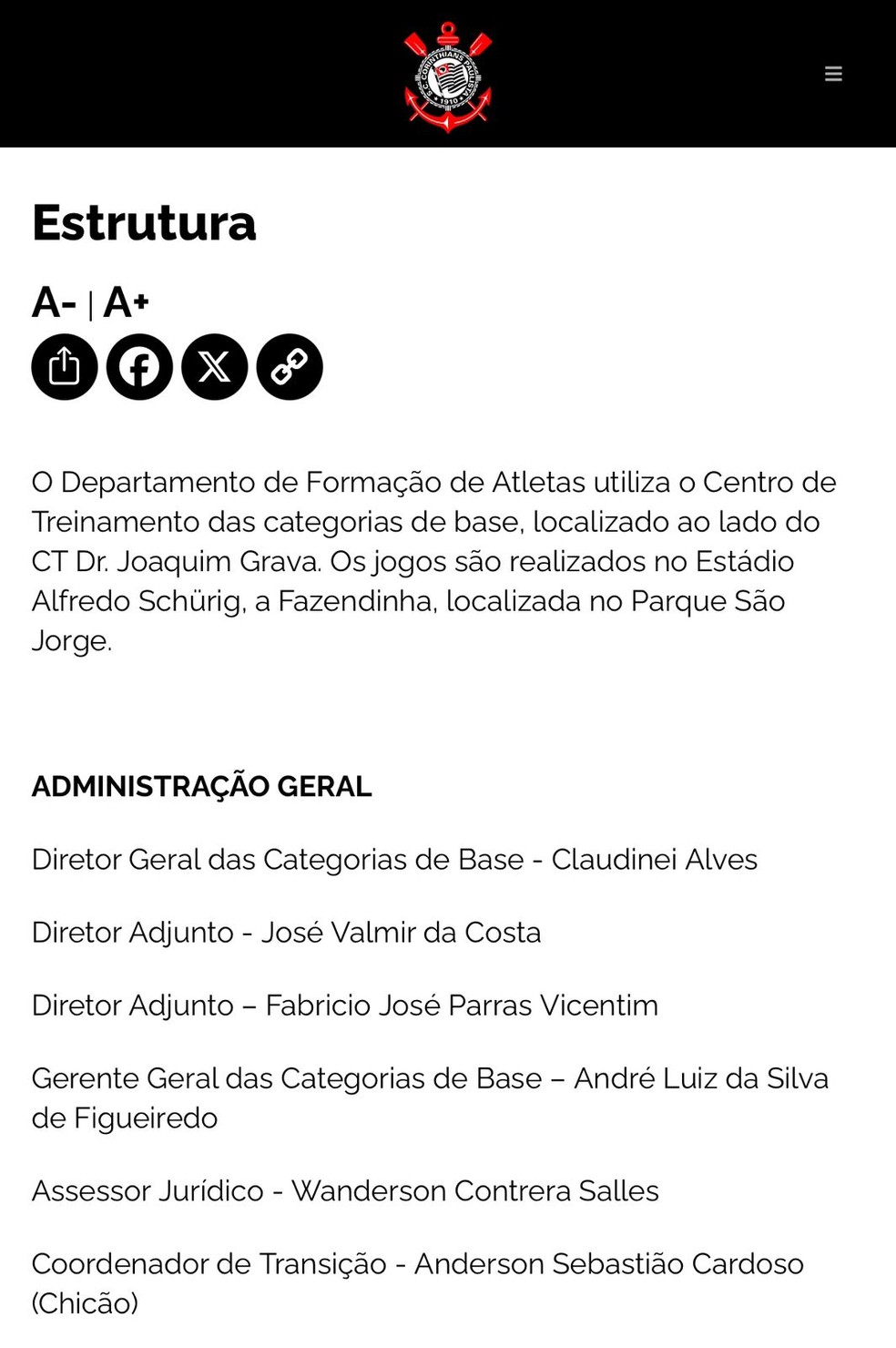 Estrutura de profissionais das categorias de base do Corinthians — Foto: Reprodução/Site Oficial do Corinthians