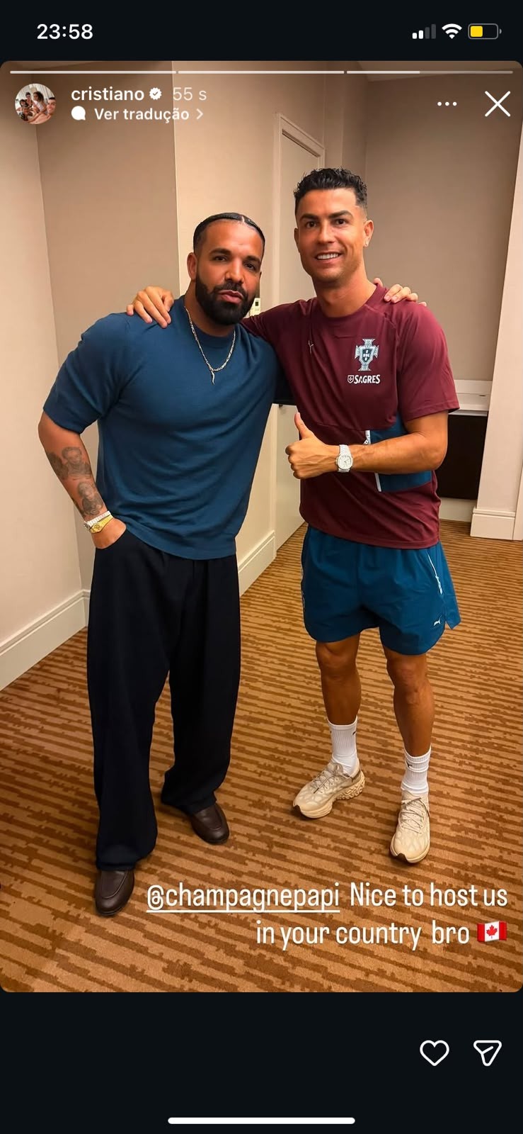 Cristiano Ronaldo posta foto ao lado de Drake