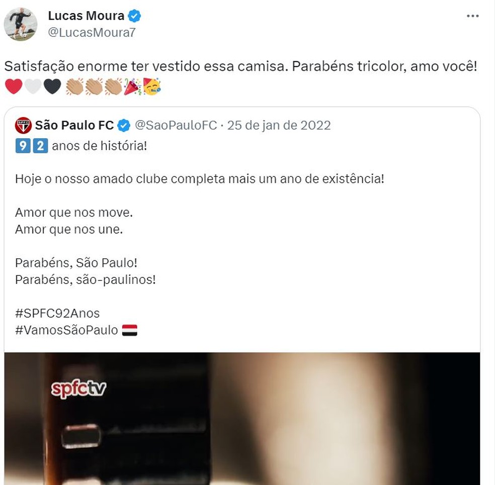Lucas Moura dá parabéns ao São Paulo — Foto: Reprodução