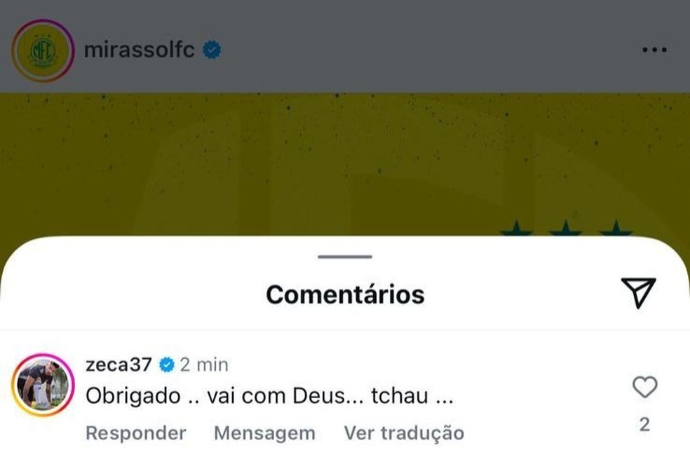 Zeca comenta em post do Mirassol sobre a demissão de Barroca — Foto: Reprodução/Instagram