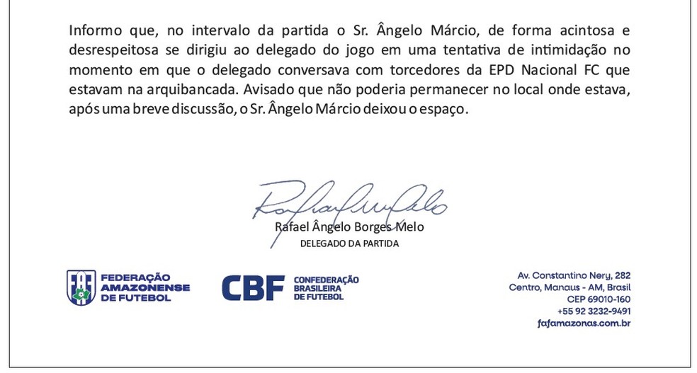 Relatório do diretor de marketing e delegado da partida Rafael Melo da FAF. — Foto: Divulgação